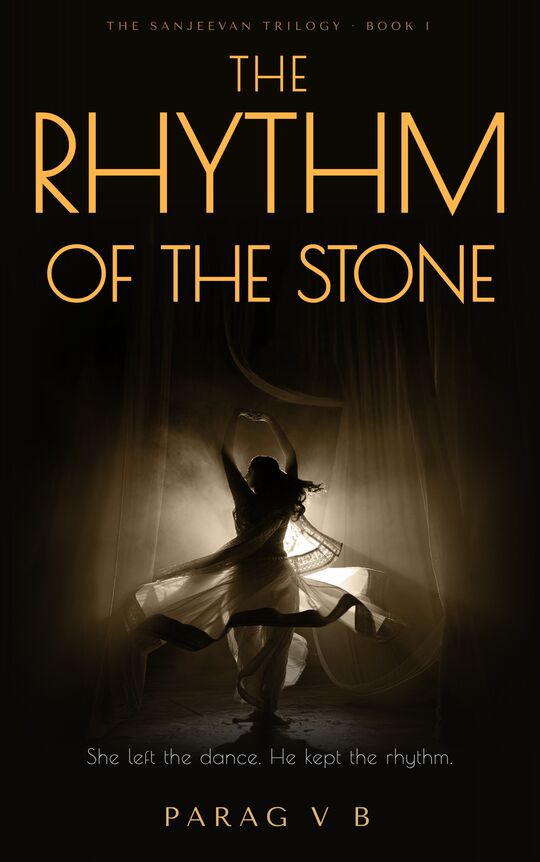 Cover of The Rhythm of the Stone: a Kathak dancer mid-spin in stage light